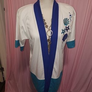 Barbara Gerwit VintageWhite and Blue Kimono Cardigan with Sea Motif